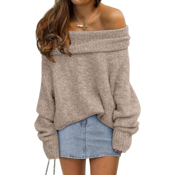 Womens Off The Shoulder Sweater Oversized Batwing Sleeve Loose Pullover Sweaters - Picture 1 of 6